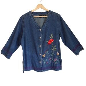 Vtg 90s Denim Button Up Shirt Womens 6 Blue Floral Embroidered Cottage Granny